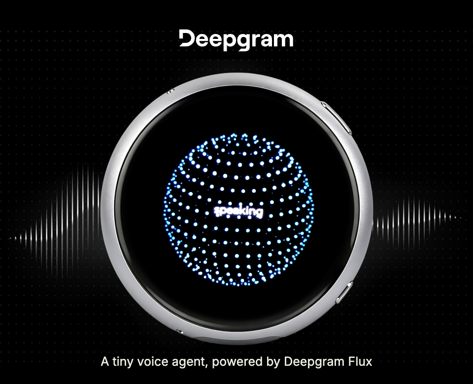 The round device on a black surface, its display showing a sphere of blue dots labelled speaking