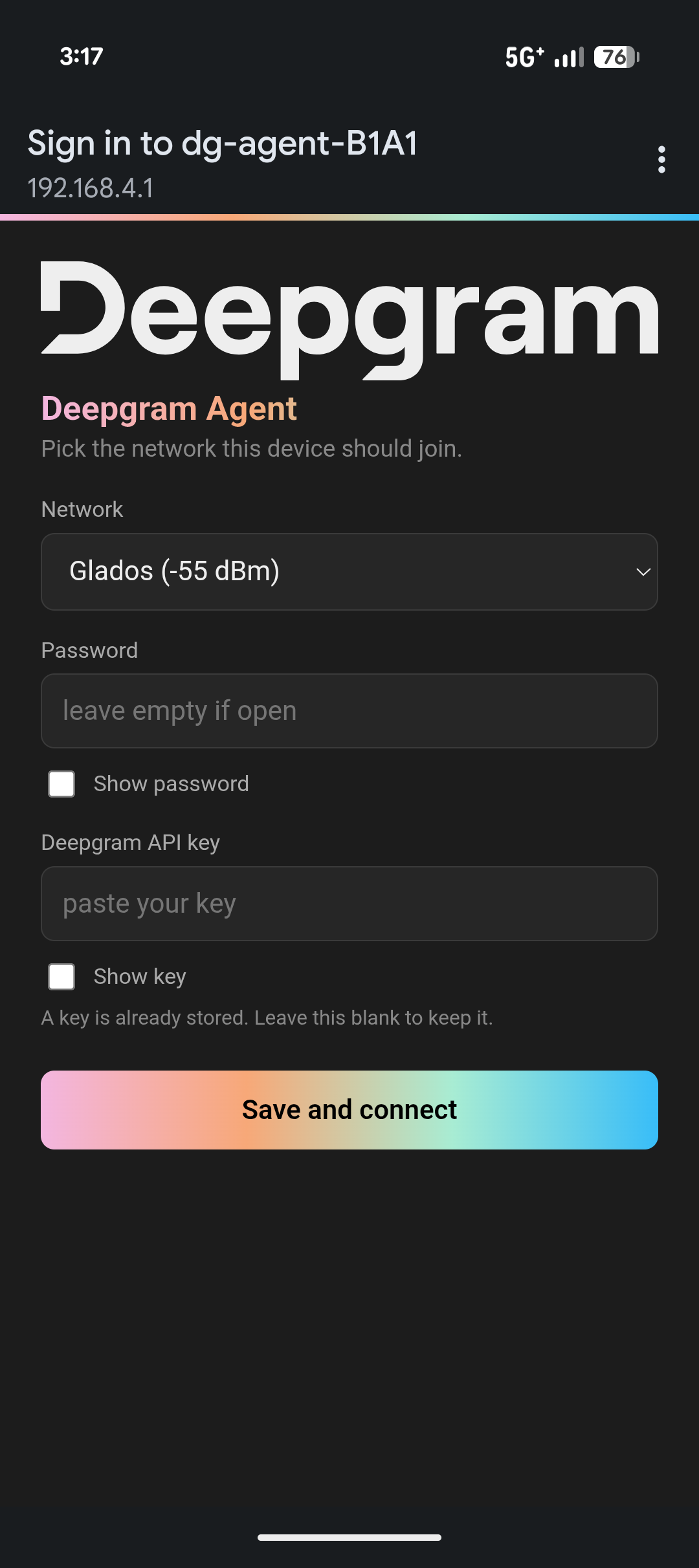 A phone showing the device's captive portal: a form asking for a Wi-Fi network and a Deepgram API key